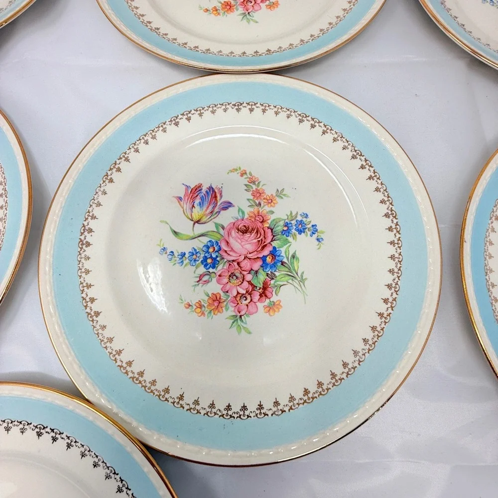 Homer Laughlin Eggshell Georgian Salad Plates Set of 7 Blue Floral Gold 9